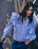 CAMISA DE RAYAS CON CUELLO MAO AZUL CELESTE MORGAN