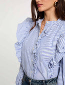 CAMISA DE RAYAS CON CUELLO MAO AZUL CELESTE MORGAN