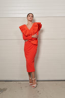 VESTIDO MIDI MANGA LARGA VOLANTES NARANJA MOSKADA 8505