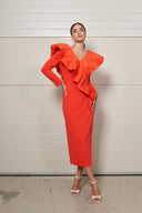 VESTIDO MIDI MANGA LARGA VOLANTES NARANJA MOSKADA 8505